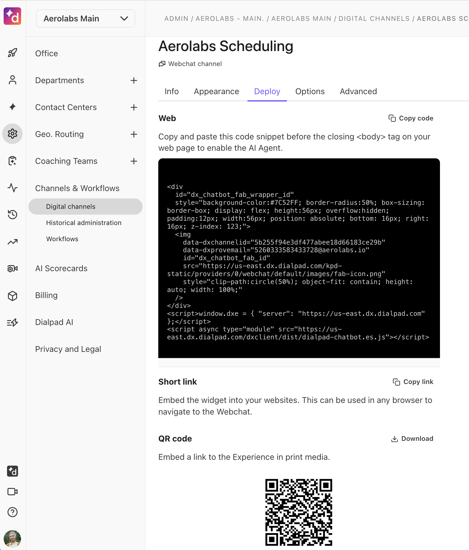 Aerolabs Scheduling interface showing code snippet for deploying AI Agent widget.